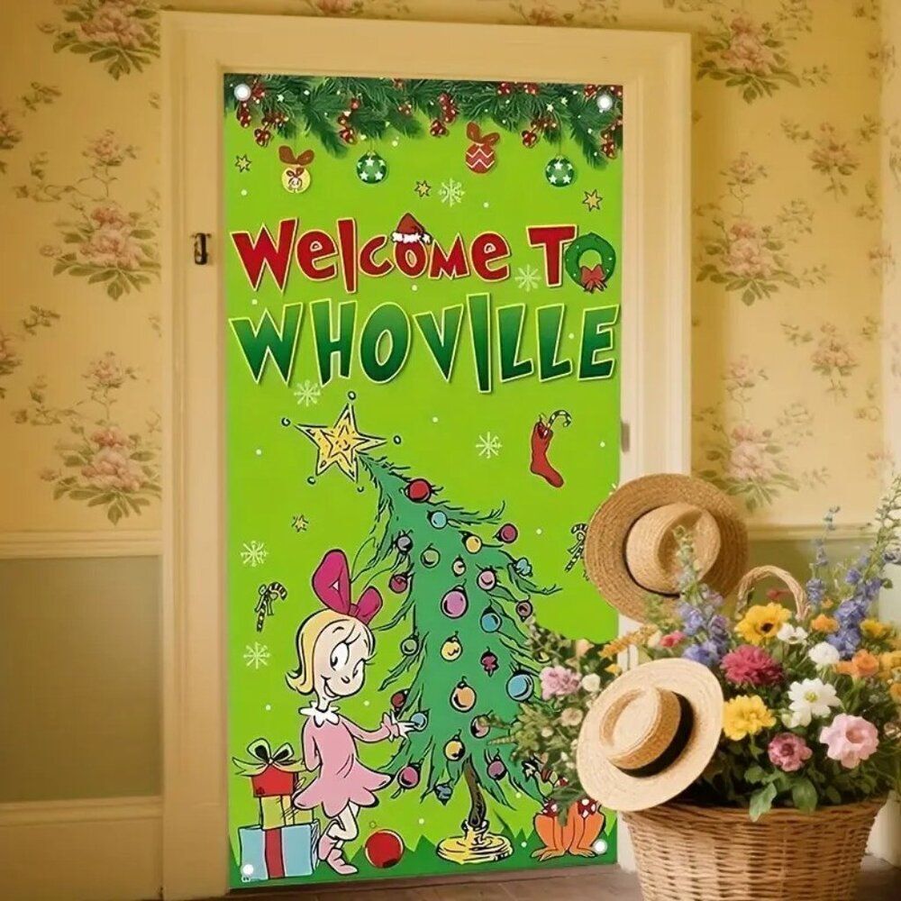 71 x 35 2D Holiday Door Banner Festive Christmas Welcome to Whoville Grinch